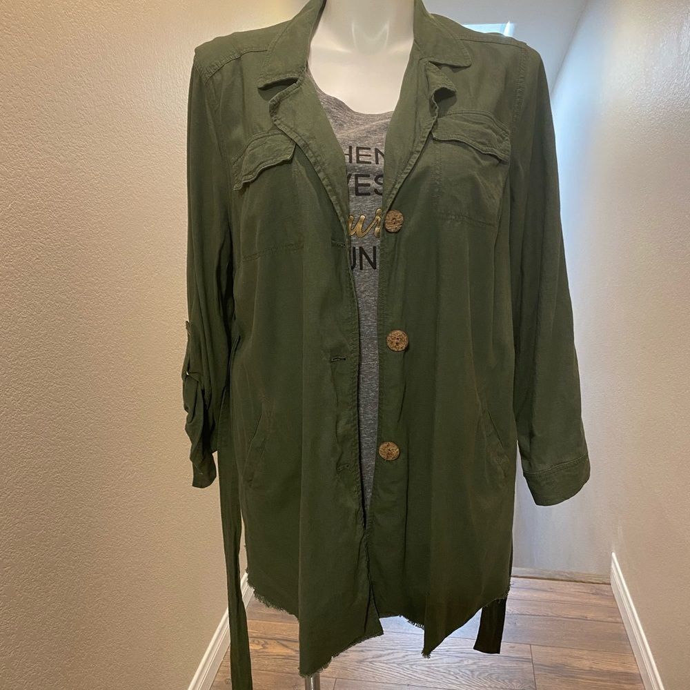 Torrid 2 Plus Women's Green Linen Blend Utility Tab Sleeve Jacket Military Style
